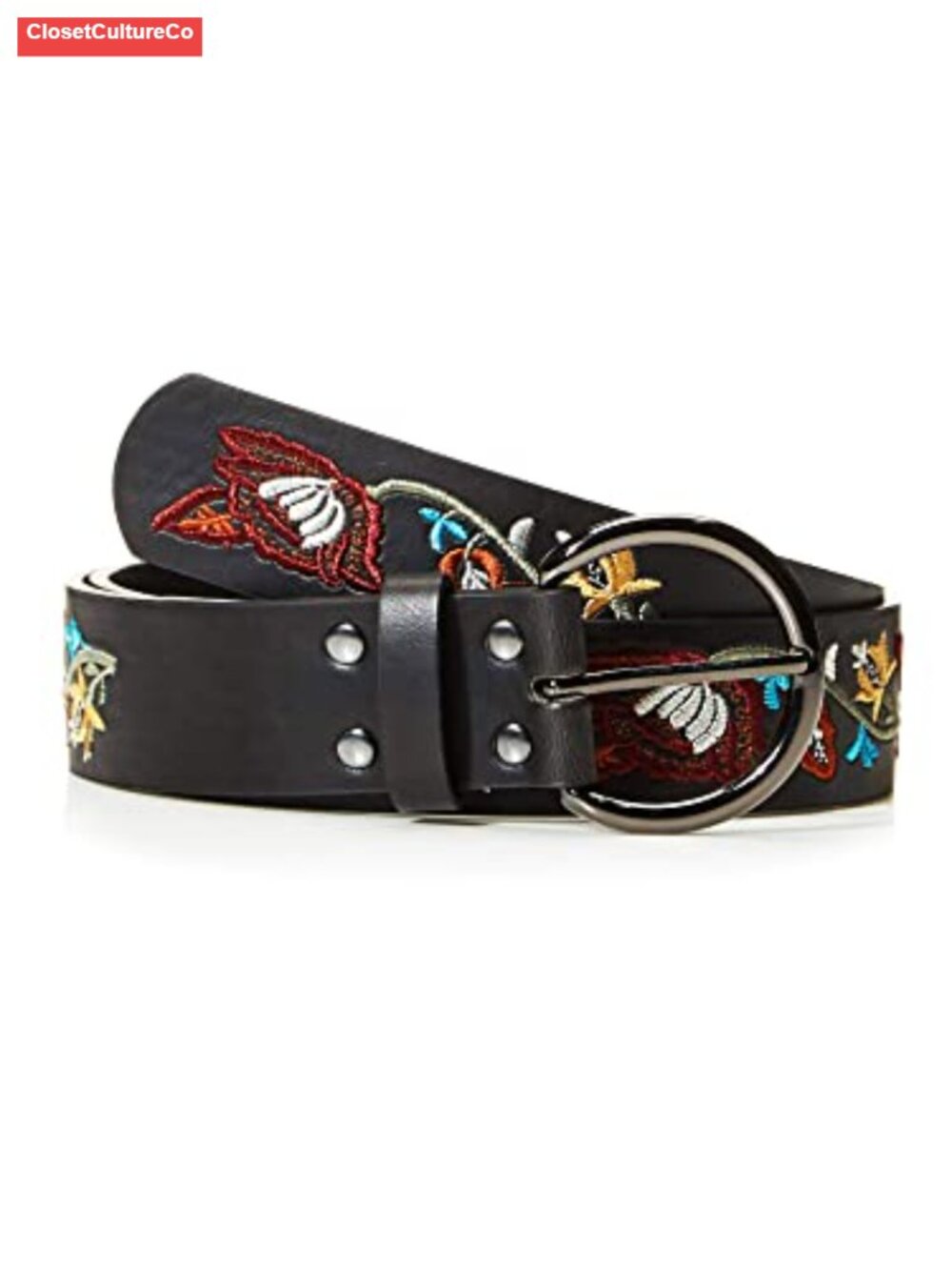 Embroidered Floral Belt for Women Jeans Pants PU Leather Bronze Buckle